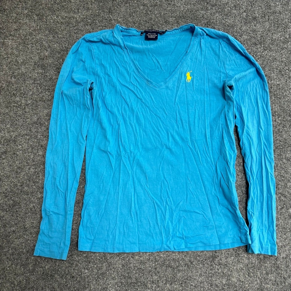 Ralph Lauren Sport Shirt Womens XS Blue Pima Cotton V-Neck Long Sleeve Pony Logo